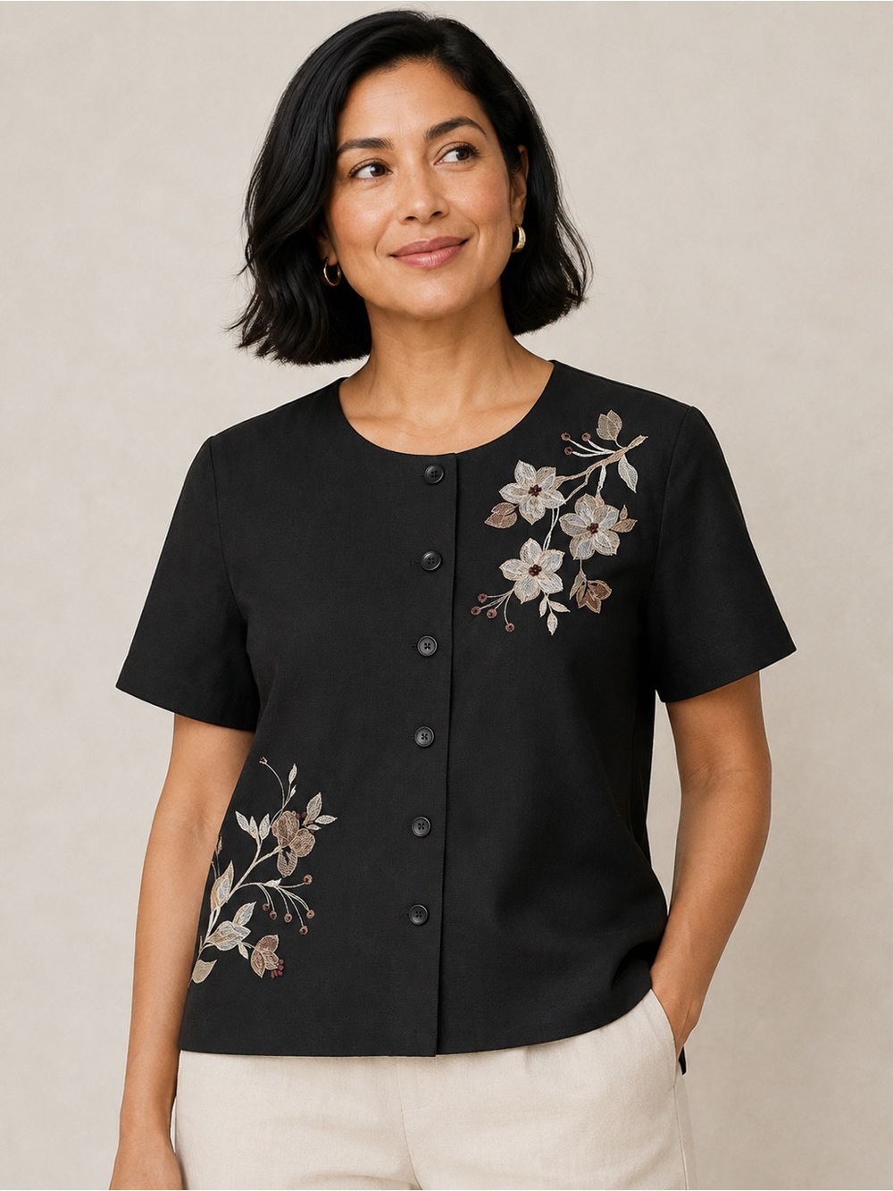 Alfred Dunner Petite Floral Embroidered Beaded Linen Blend Button Top